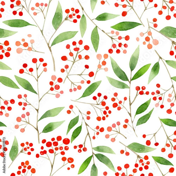Fototapeta Watercolor seamless pattern of delicate twigs with red berries on a white background. Delicate botanical ornament hand-drawn	