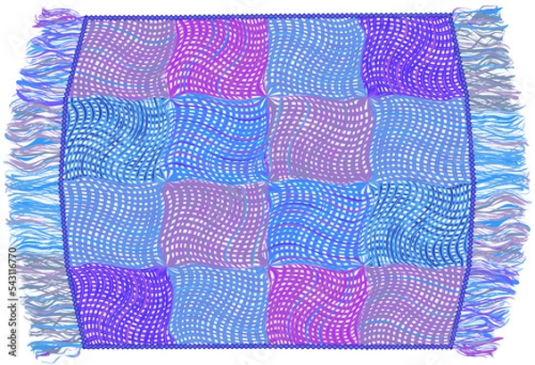 Fototapeta Colorful woven checkered plaid with grunge stripe wavy square elements , decorative frame and fringe isolated on white