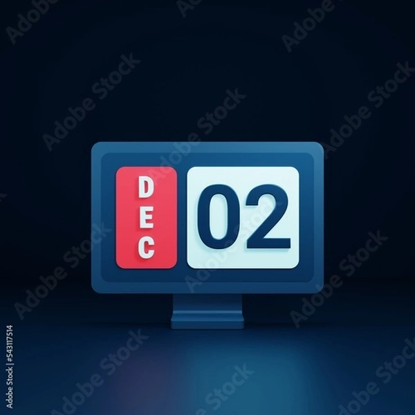 Fototapeta December Calendar Icon 3D Illustration with Desktop Monitor Date December 02