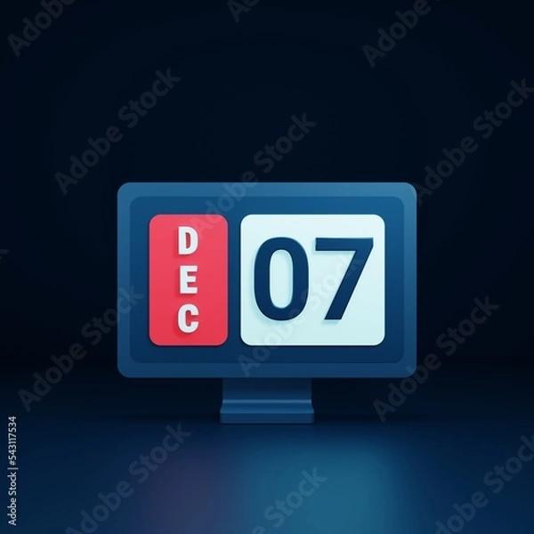 Fototapeta December Calendar Icon 3D Illustration with Desktop Monitor Date December 07