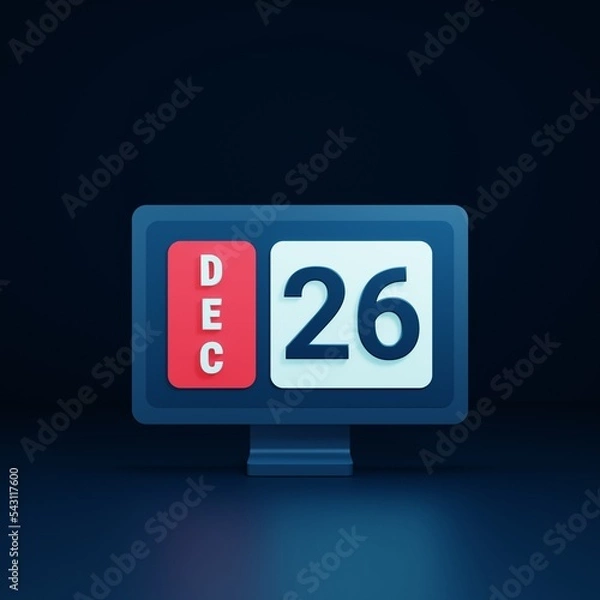 Fototapeta December Calendar Icon 3D Illustration with Desktop Monitor Date December 26