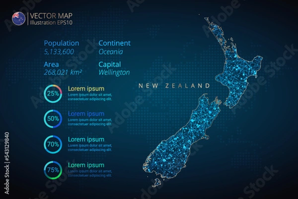 Fototapeta New Zealand map infographics vector template with abstract geometric mesh polygonal light concept on blue background. Template for diagram, graph, presentation and chart