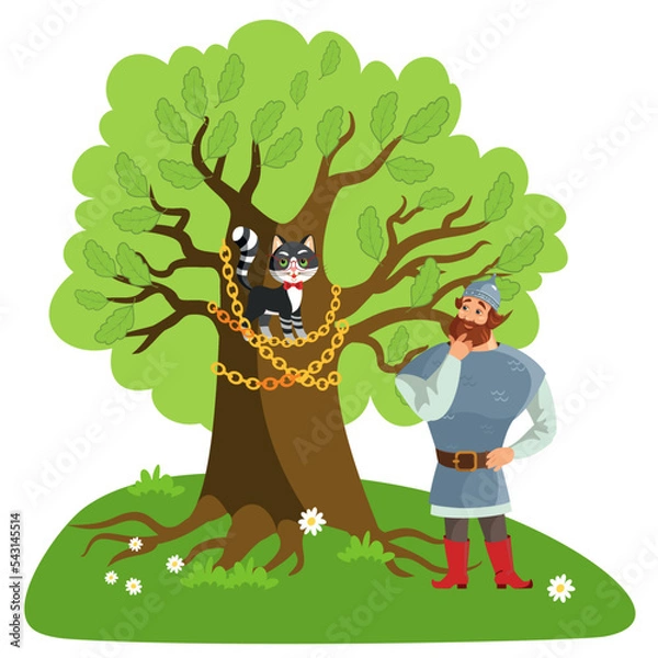 Obraz Russian hero in an old military uniform Stands by the fabulous oak tree and listens to a learned talking cat. The concept of getting advice, help.