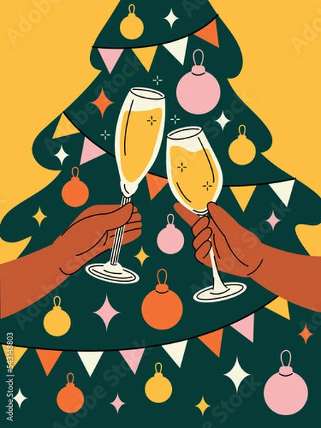 Fototapeta Merry Christmas and happy New Year holiday poster or postcard. Hands with alcohol drinks the background of an ornate Christmas tree. Cheers with champagne and wine. Colorful flat vector illustration.