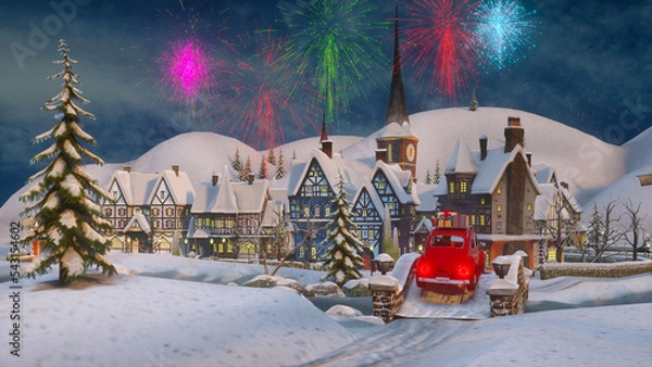 Fototapeta Santa Claus Christmas 3d rendering. Funny Santa Claus rides in a red car with gifts in a festive winter city. Fireworks.