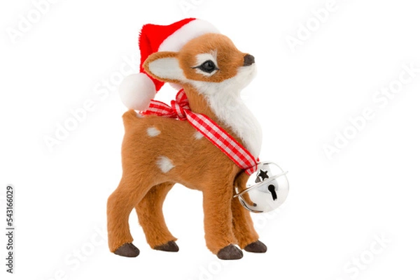Fototapeta a toy. little deer in santa claus hat isolated on white background