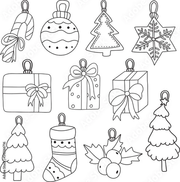 Obraz Christmas baubles. Hand-drawn collection of Christmas decorations - baubles with bows, stars, snowflakes, teardrops, trees, and gifts over white background.
