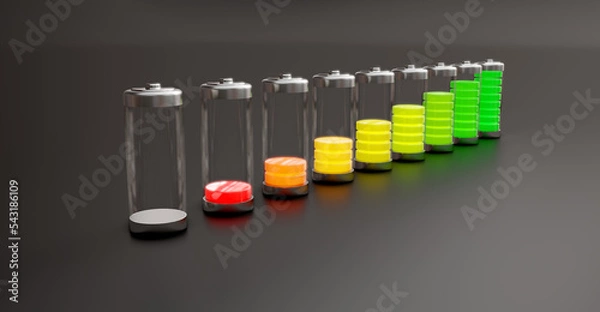 Fototapeta Batteries with a charge level on a dark background. 3d rendering