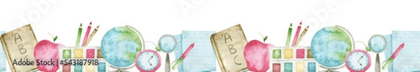 Obraz Watercolor seamless border with apples, pens, alarm clock, crayons, books, globe, paints. Colorful horizontal school frame for creative design