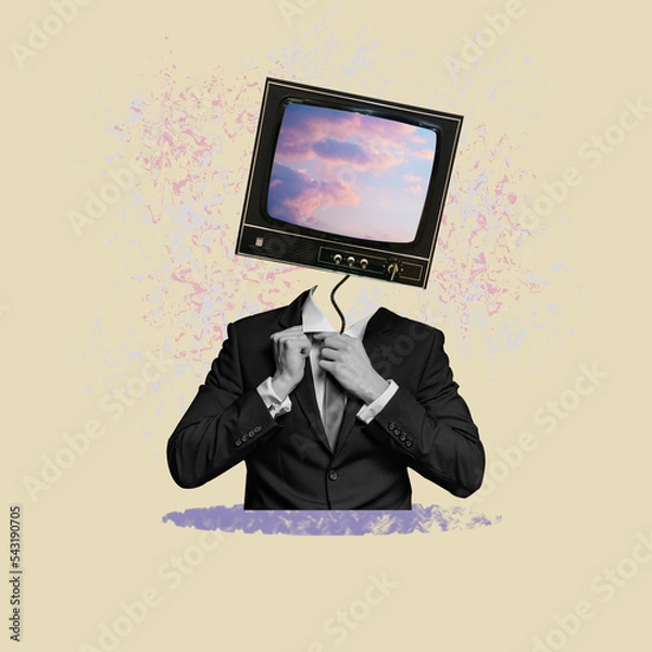 Fototapeta Business man with a retro TV instead of a head on a beige background, surreal, modern art, collage