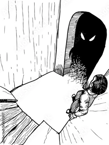 Fototapeta A sketch of a dark room entrance with a hidden monster inside. Vector illustration