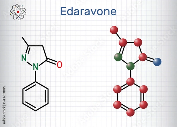 Fototapeta Edaravone molecule. It is used for treatment of amyotrophic lateral sclerosis ALS. Structural chemical formula, molecule model. Sheet of paper in a cage