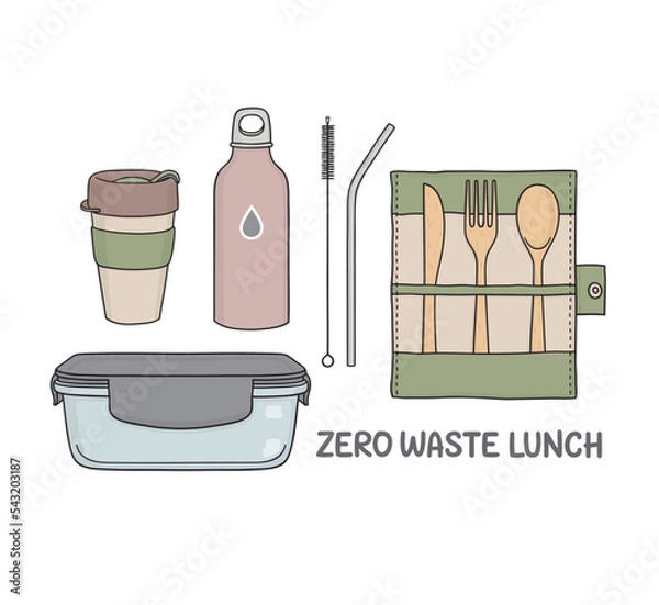 Obraz Zestaw przedmiotów wielokrotnego użytku na lunch. Brak plastikowego, zerowego odpadu, koncepcji życia Eco Living