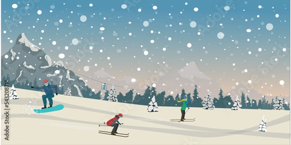 Fototapeta People ski and snowboard in the mountains in winter