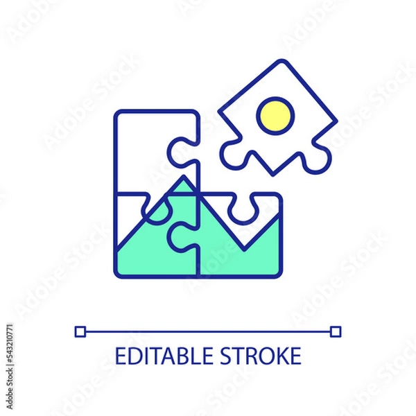 Fototapeta Jigsaw puzzle assembling RGB color icon. Brain teaser game. Intellect development and entertainment. Isolated vector illustration. Simple filled line drawing. Editable stroke. Arial font used