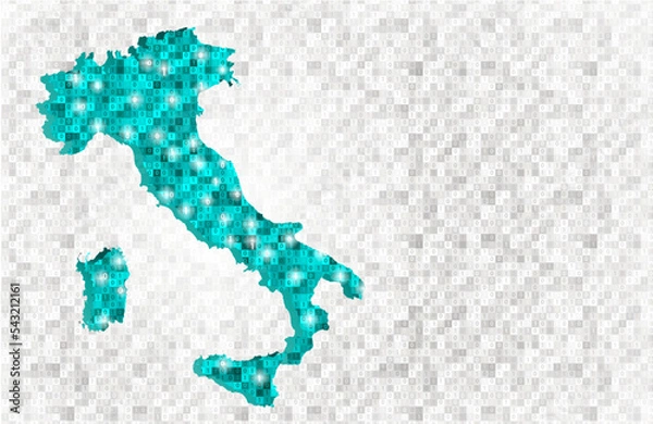 Obraz The digital map of Italy. Background. Digitization of Italy. Binary numbers on the map of Italy and in the background.