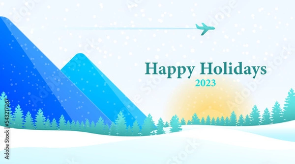 Fototapeta New Year Christmas card winter landscape with airplane and tree forest and snow nature with sunset