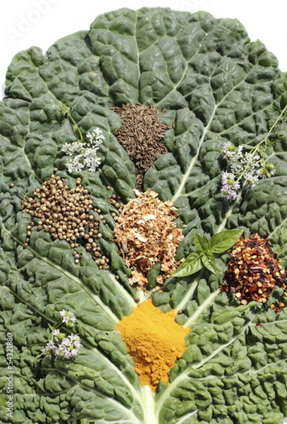 Obraz Spice mixture on the cabbage sheet