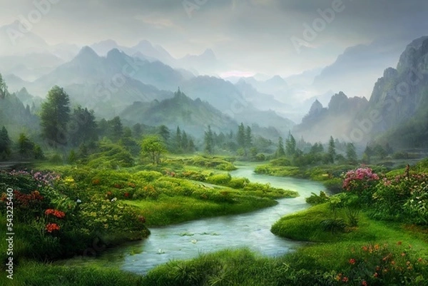Fototapeta Garden of Eden untouched nature landscape with mountains and a river