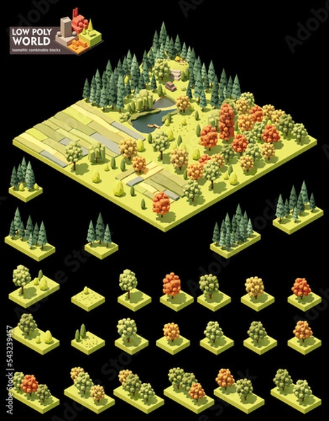 Fototapeta Vector isometric world map creation set. Combinable map elements. Forest, fields and ponds