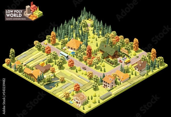 Fototapeta Vector isometric world map creation set. Combinable map elements. Countryside or village map. Buildings, trees, ponds, forest and fields