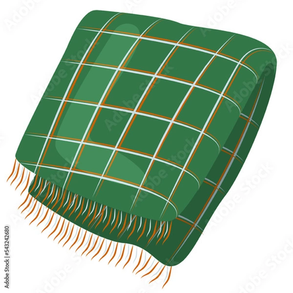 Fototapeta Green blanket with orange and blue stripes. Illustration of a coverlet for autumn and winter themes. Warming fabric for cold weather