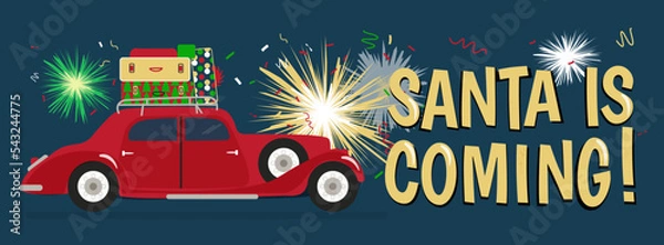 Fototapeta Merry Christmas stylized typography. Red Vintage car gift boxes.  Bright fireworks on the background. SANTA IS COMING! Vector flat style banner.