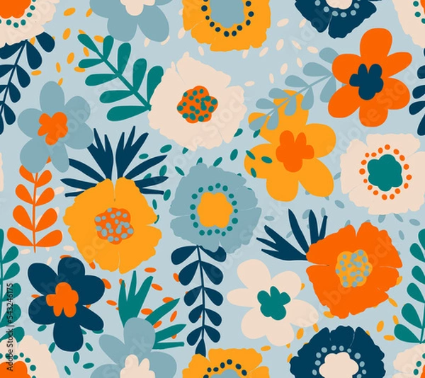 Fototapeta Cute spring seamless pattern with hand drawn flowers and leafs. Floral colorful background for children products, raster version