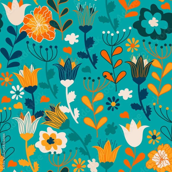 Fototapeta Cute seamless pattern with colorful flowers, childish illustration, raster version