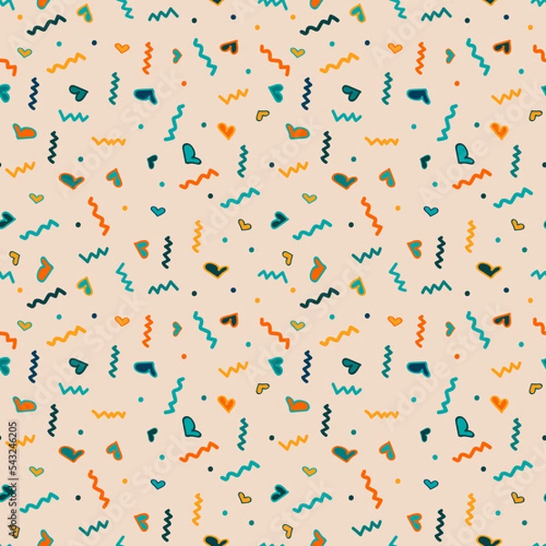 Fototapeta Cute colorful seamless pattern, holiday theme. Abstract universal seamless texture with confetti, raster version