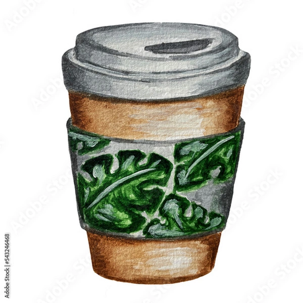 Fototapeta Watercolor clipart. Coffee in a disposable glass. Tropical print. Latte