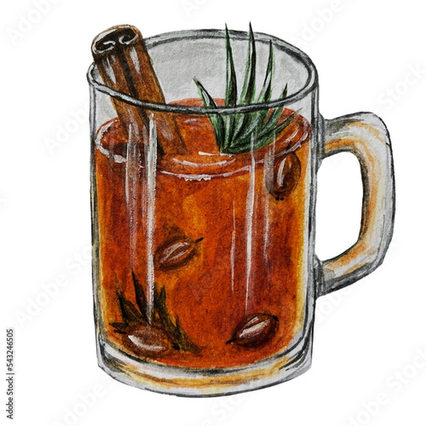 Fototapeta Watercolor clipart. Sea ​​buckthorn tea with cannamon and sage