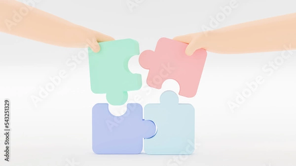 Fototapeta Hand holding jigsaw puzzle to connect, Symbol of teamwork, Problem-solving, Cooperation, Partnership, Strategy jigsaw business concept, 3d rendering.