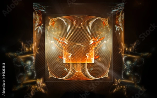 Fototapeta abstract illustration of a computer generated fantastic emblem in various shapes and shades on a black background for use in symbology, signs for digital design and graphics