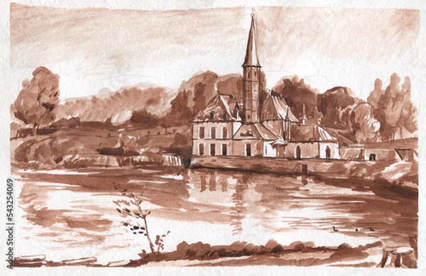 Obraz medieval palace on the lake in the technique of graphic study