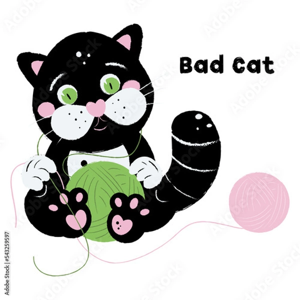 Fototapeta A black cat with a ball of thread. Bad cat. Illustration on white background in cartoon style. Hand drawing. For print, web design.