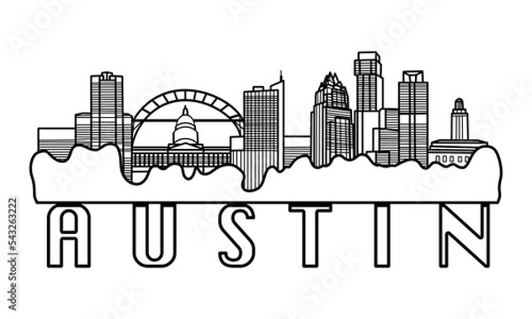 Fototapeta Austin Texas Skyline Illustration, Minimal line art cityscape, silhouette of Austin city, USA