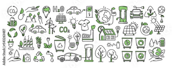 Obraz A set of elements. Co2 concept of climate change. Recycling. Separation of garbage. Vector isolated doodle