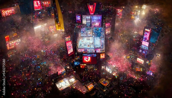 Fototapeta AI generated image of an aerial view of New York's Times Square on New year's eve with a large crowd gathered to usher in the new year