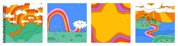 Fototapeta set of 1970 psychedelic square social media templates. Groove landscape posters. Editable layered frame for photo and text. Hippie nature - clouds, rainbow, mountains. y2k background. 90s aesthetic	