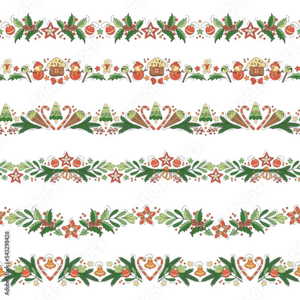 Fototapeta Decorative seamless borders from Christmas tree branches, cookies, candy and balls isolated on a white background. Frame template with the symbols of the holiday.
