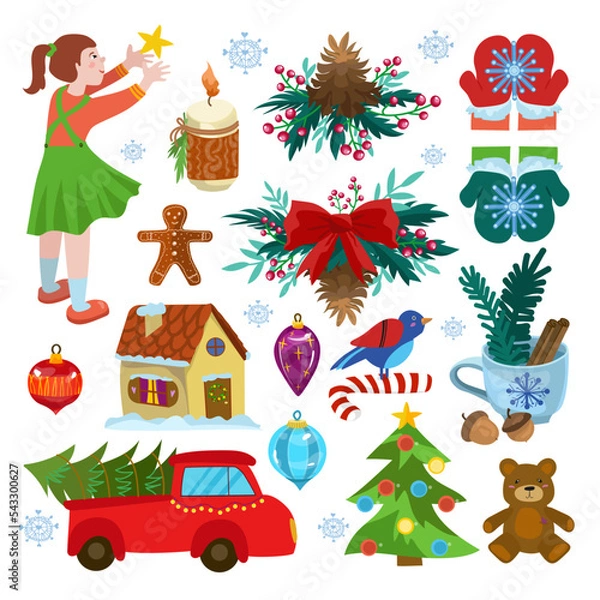 Obraz Vector illustration. Set of New Year stickers for design on a white isolated background. Wreath, candle, house, car, Christmas toys, star, bear, truck, spruce, snowflake, mittens, candle, lollipop