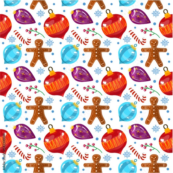 Obraz New Year's vector seamless pattern, background. Design for christmas. Lollipop, gingerbread, Christmas balls, snowflakes