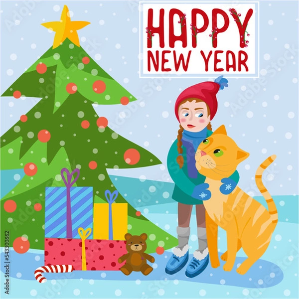 Obraz Vector illustration. Girl with a cat near the Christmas tree with gifts. Year of the cat. Happy New Year. Children's illustration. Cute red cat and a girl in a hat. Design for a postcard, poster, cong