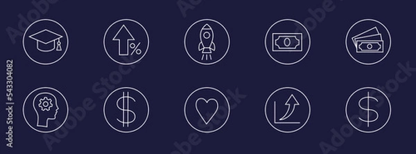Obraz Line icon set, education result, effect of courses, develop a blog. Personal progress for professional
