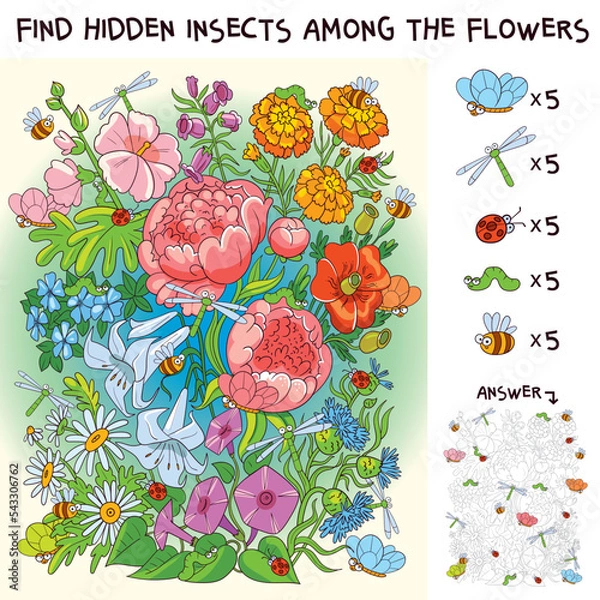 Obraz Find the hidden insects in the bouquet of flowers. Find hidden objects in the picture. Puzzle Hidden Items. Funny cartoon character. Vector illustration. Set