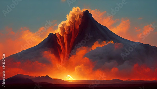 Obraz Massive Volcano Eruption. A large volcano erupting hot lava and gases into the atmosphere. 3D Illustration.
