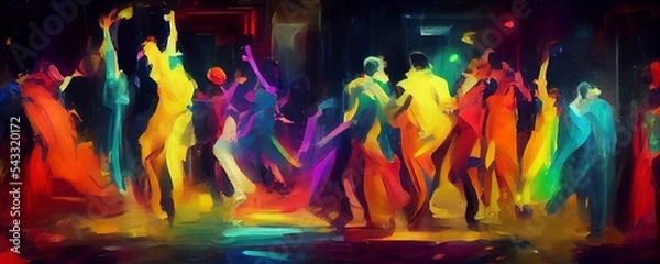 Obraz Illustration of dancing people in a club. Abstract illustration with oil paint, paint splatters with vibrant colors and rainbow flag colors. Concept for LGBT pride parade, happy dancing at nightclub.