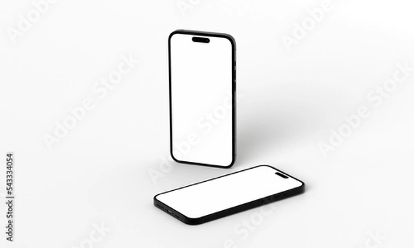 Obraz Illustration 3d render of isometric rectangles simulating a telephone in a 3d space with blank spaces. From different perspectives and views to help rock up for applications. iPhone 14 