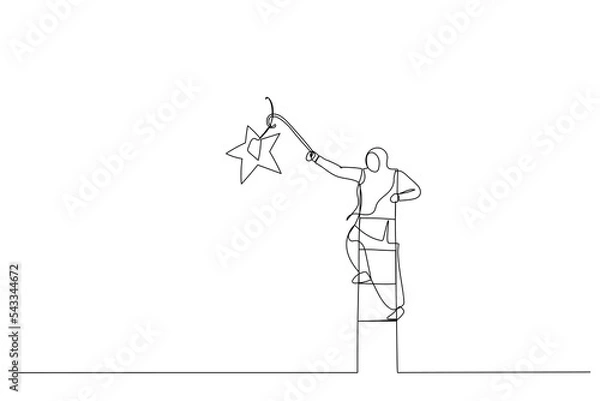Fototapeta Cartoon of muslim woman climbing up ladder to the top high into the sky to grab the star. One continuous line art style